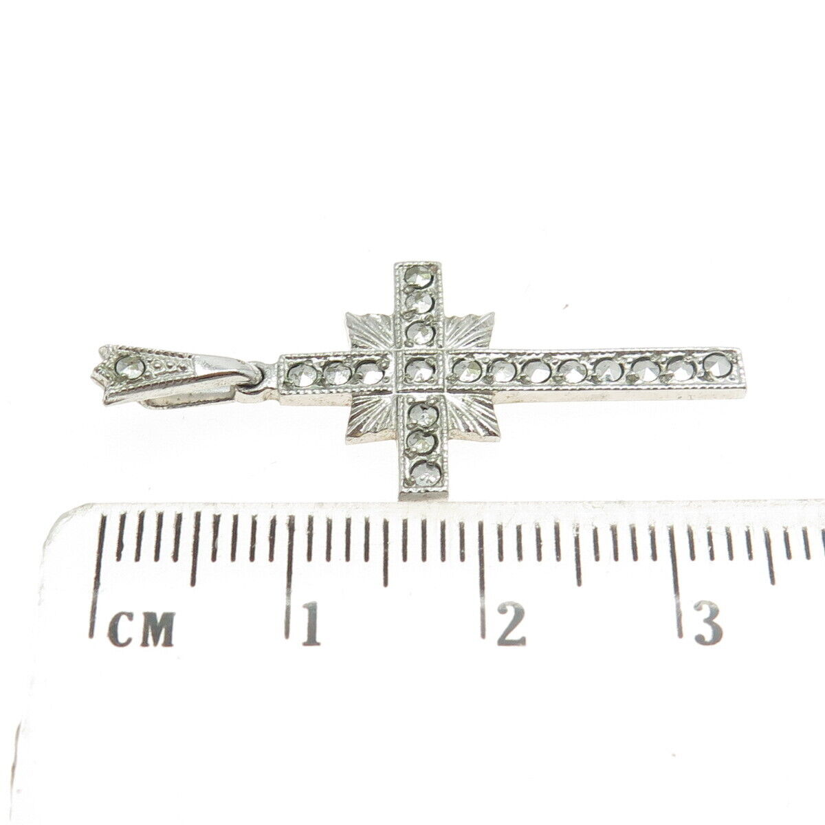 ANN GALE 925 Sterling Silver Antique Art Deco Real Marcasite Gem Cross Pendant