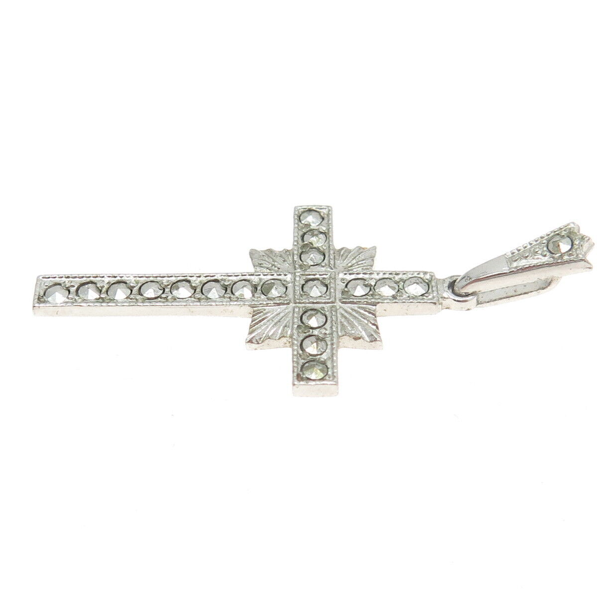 ANN GALE 925 Sterling Silver Antique Art Deco Real Marcasite Gem Cross Pendant