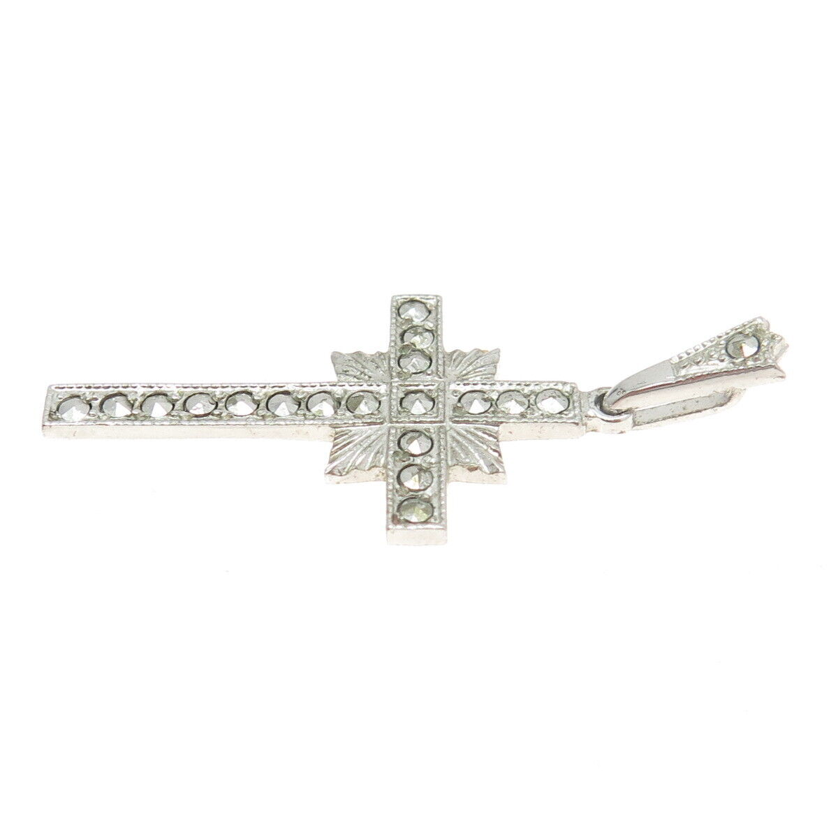 ANN GALE 925 Sterling Silver Antique Art Deco Real Marcasite Gem Cross Pendant