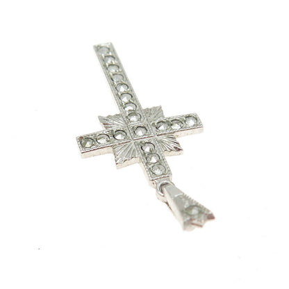 ANN GALE 925 Sterling Silver Antique Art Deco Real Marcasite Gem Cross Pendant