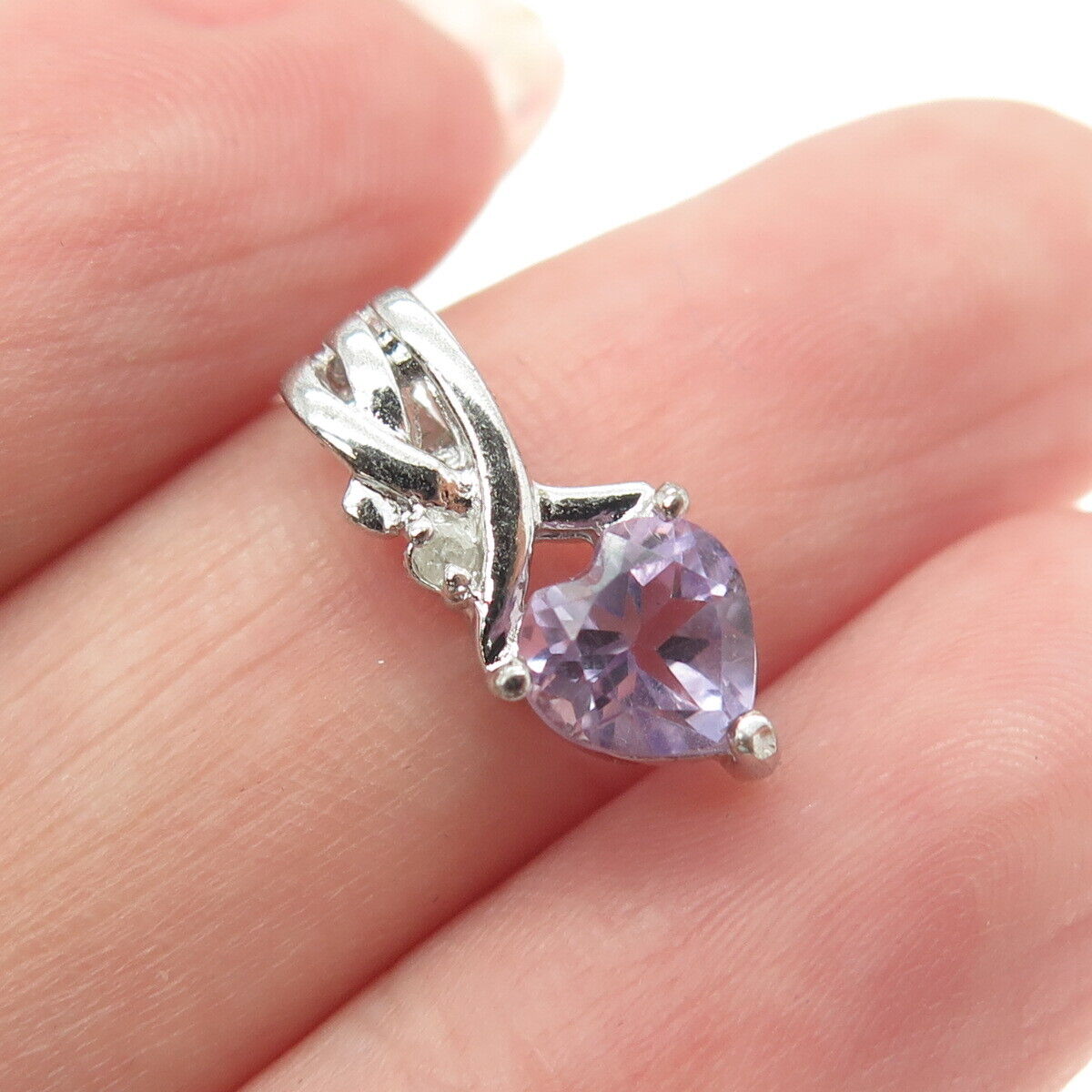 925 Sterling Silver Real White Diamond & Amethyst Gemstone Heart Pendant