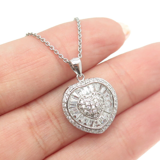 925 Sterling Silver Italy Round & Tapered Baguette-Cut C Z Heart Necklace 16"