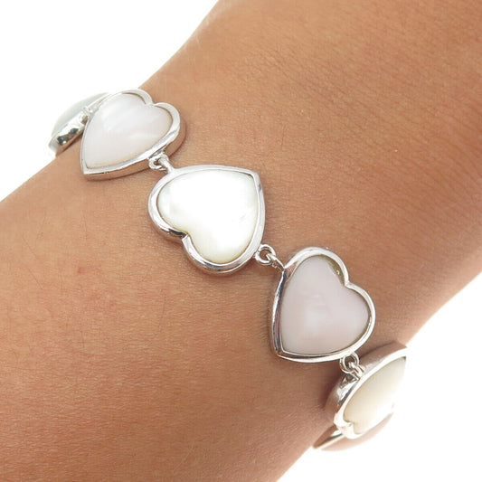 HONORA 925 Sterling Silver Real White & Rose Mother-of-Pearl Heart Bracelet 7.5"