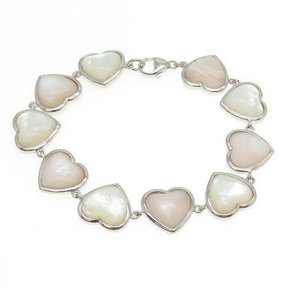 HONORA 925 Sterling Silver Real White & Rose Mother-of-Pearl Heart Bracelet 7.5"