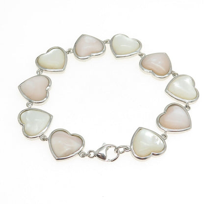 HONORA 925 Sterling Silver Real White & Rose Mother-of-Pearl Heart Bracelet 7.5"