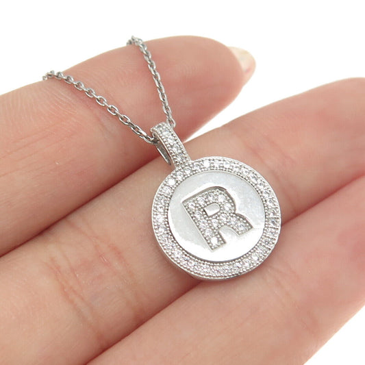 925 Sterling Silver Italy Round-Cut C Z Letter "R" Cable Chain Necklace 16"
