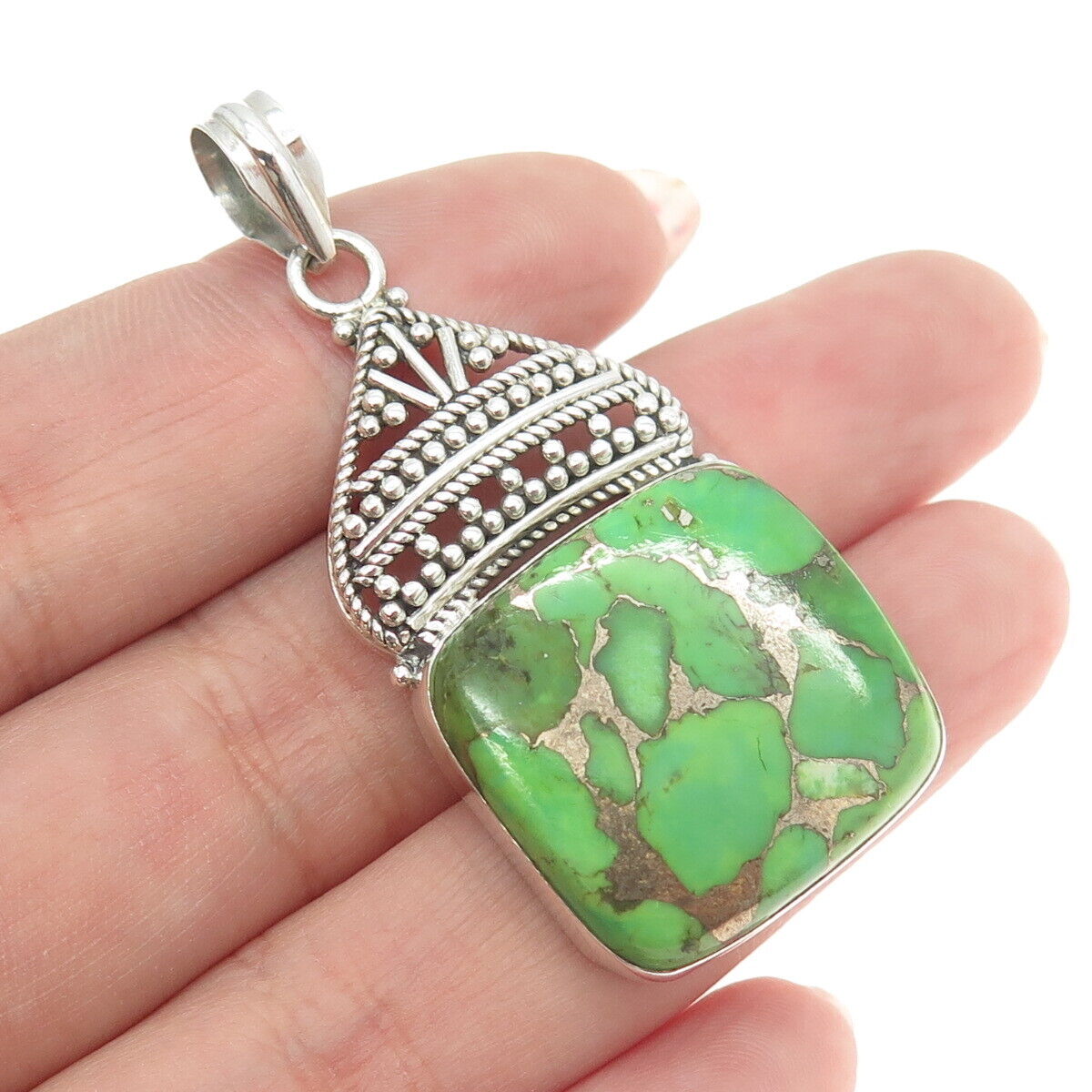 925 Sterling Silver Vintage Real Green Turquoise Gemstone Ethnic Pendant