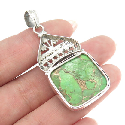 925 Sterling Silver Vintage Real Green Turquoise Gemstone Ethnic Pendant