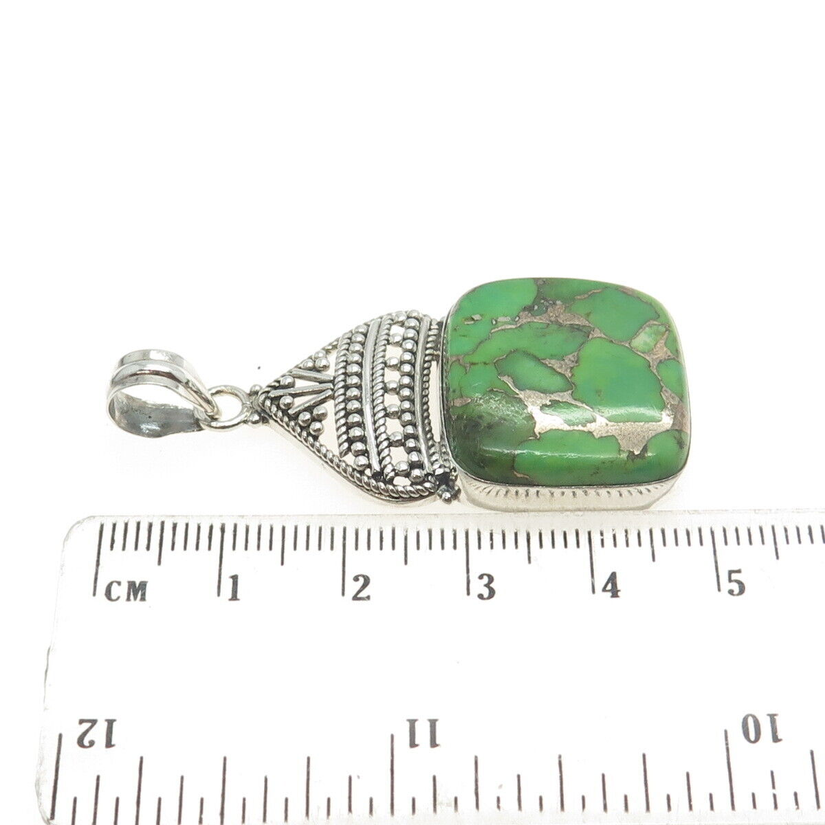 925 Sterling Silver Vintage Real Green Turquoise Gemstone Ethnic Pendant