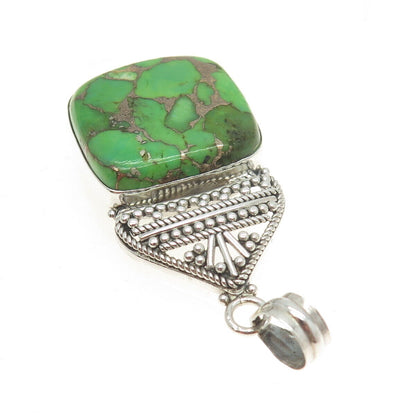 925 Sterling Silver Vintage Real Green Turquoise Gemstone Ethnic Pendant