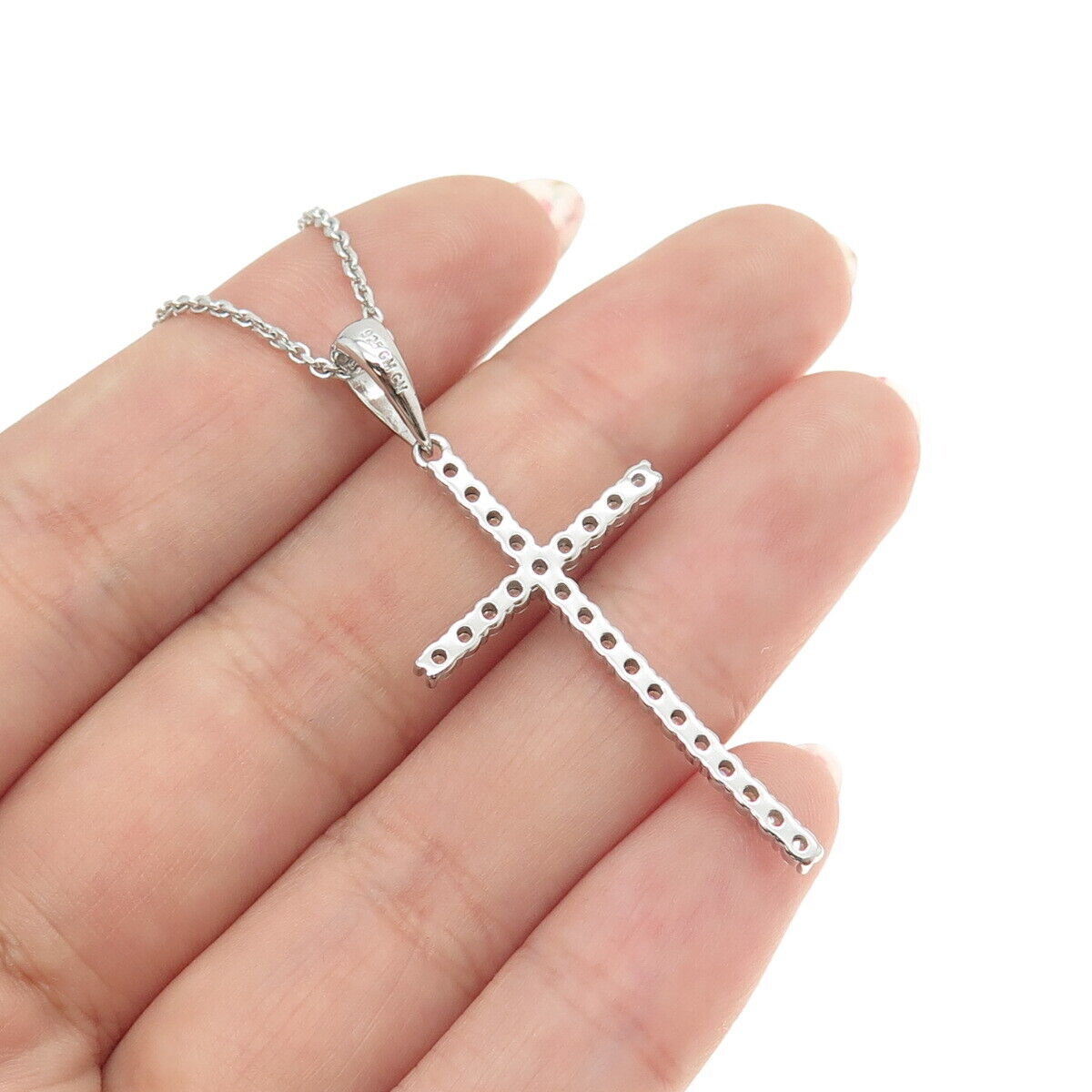 925 Sterling Silver Italy Round-Cut C Z Cross Cable Chain Necklace 18"