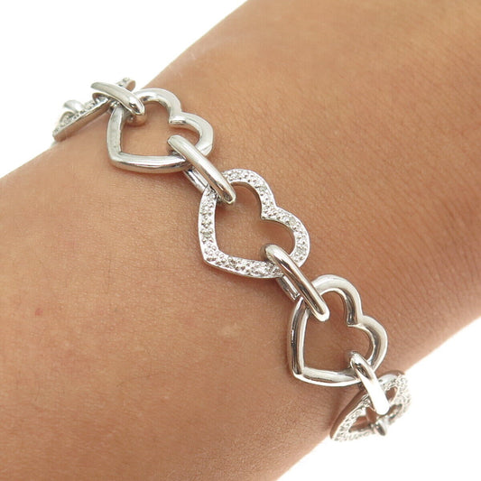 925 Sterling Silver Real Round-Cut Diamond Open Heart Link Bracelet 7.25"