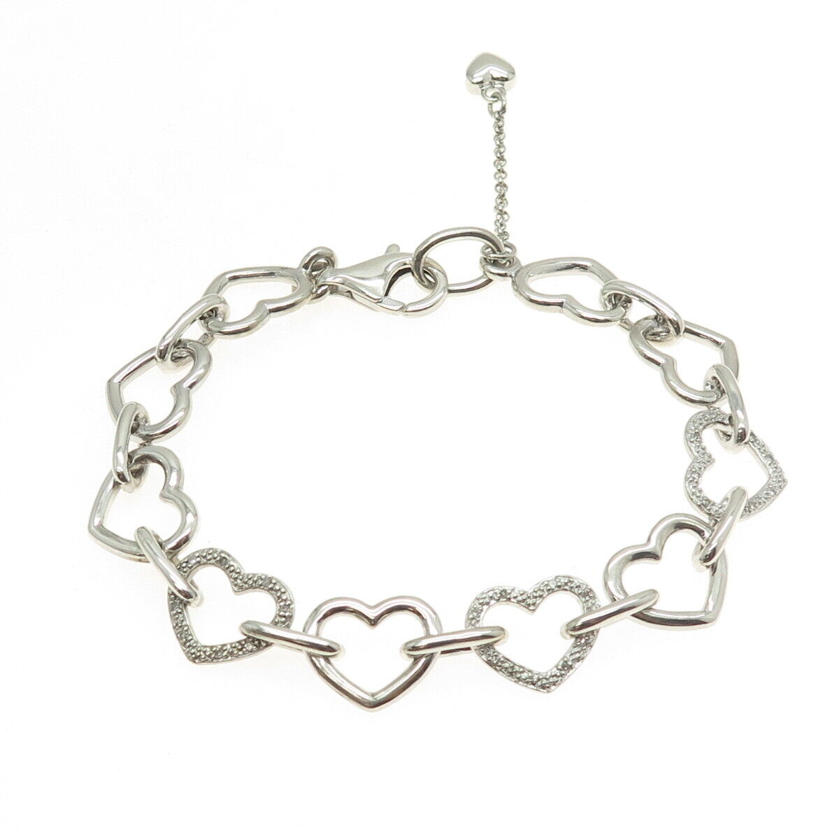 925 Sterling Silver Real Round-Cut Diamond Open Heart Link Bracelet 7.25"