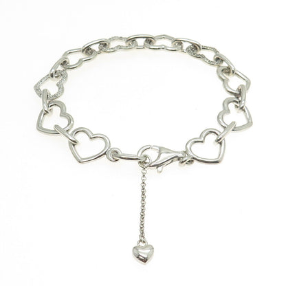 925 Sterling Silver Real Round-Cut Diamond Open Heart Link Bracelet 7.25"