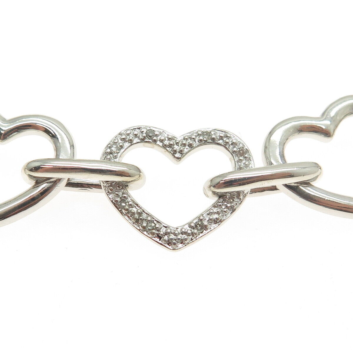 925 Sterling Silver Real Round-Cut Diamond Open Heart Link Bracelet 7.25"