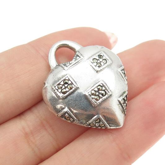 JUDITH JACK 925 Sterling Silver Vintage Real Marcasite Gem Puffy Heart Pendant