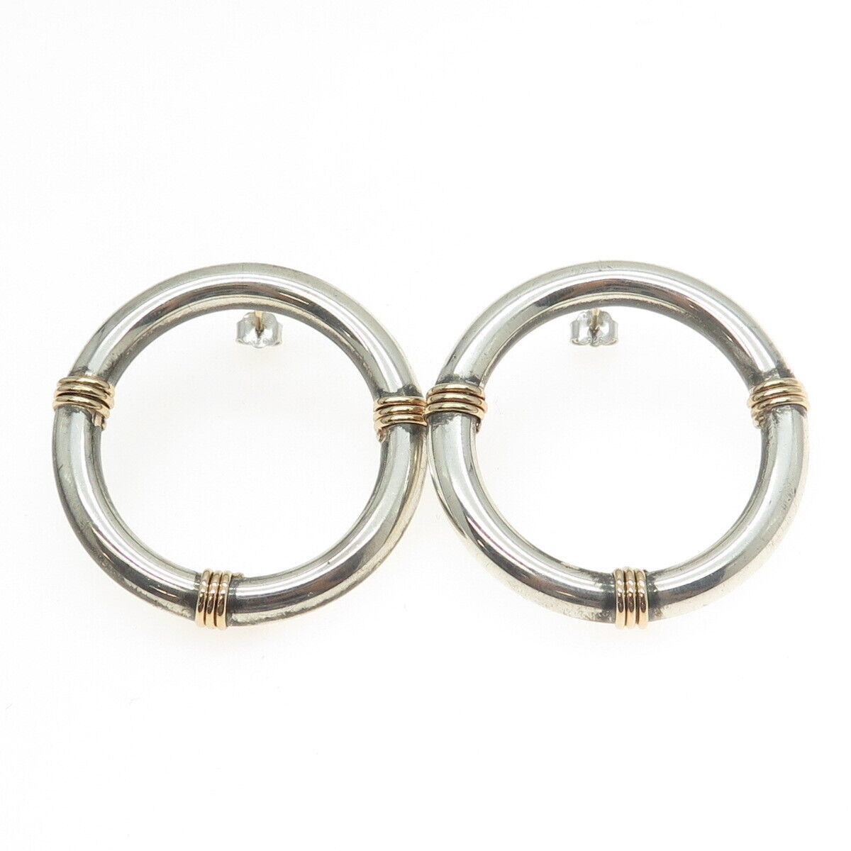 14K Rose Gold & 925 Sterling Silver Vintage Modernist Circle Earrings