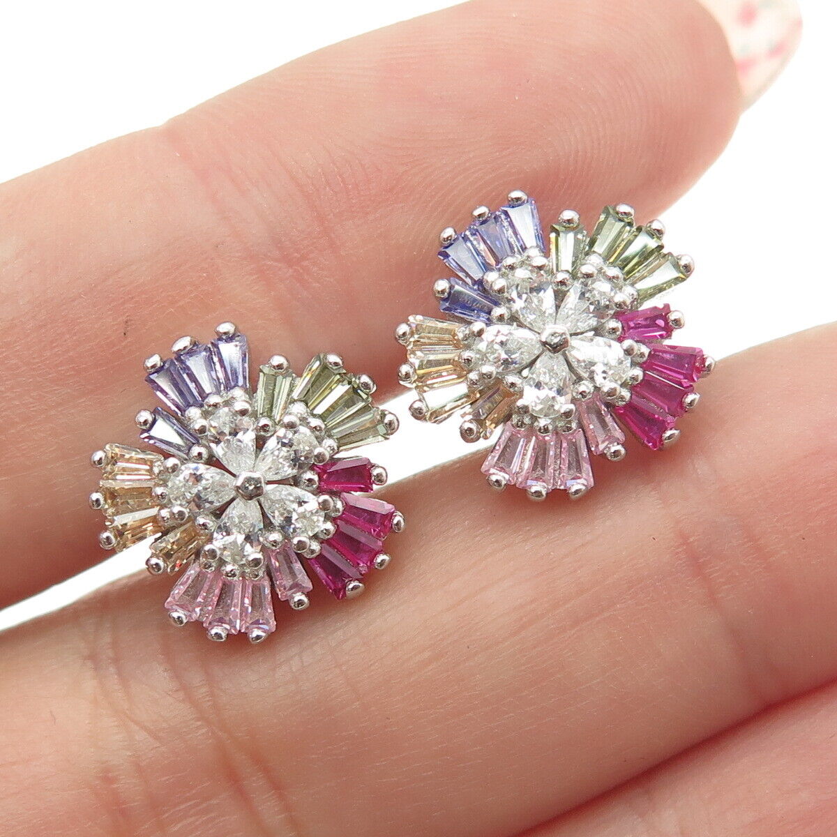 925 Sterling Silver Multi-Color C Z Snowflake Stud Earrings