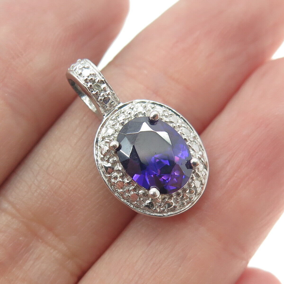 925 Sterling Silver Real White Diamond Accent & Amethyst Gemstone Pendant