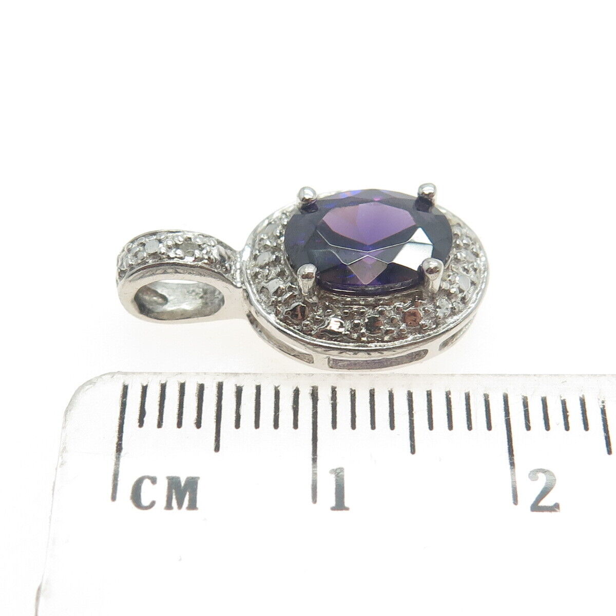 925 Sterling Silver Real White Diamond Accent & Amethyst Gemstone Pendant