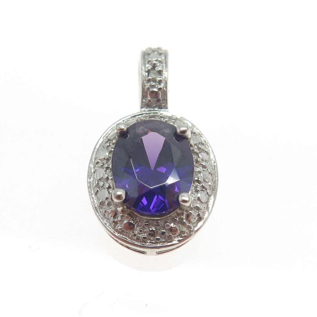 925 Sterling Silver Real White Diamond Accent & Amethyst Gemstone Pendant