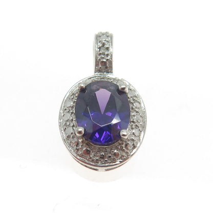 925 Sterling Silver Real White Diamond Accent & Amethyst Gemstone Pendant