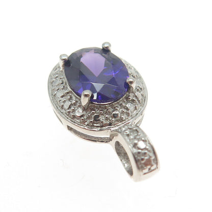 925 Sterling Silver Real White Diamond Accent & Amethyst Gemstone Pendant