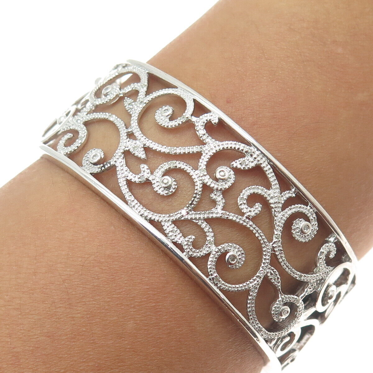 925 Sterling Silver Real Round-Cut Diamond Floral Adjustable Bracelet 6.75"