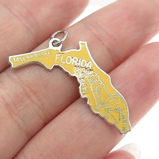 BEAU 925 Sterling Silver Vintage Enamel "Florida" State Map Pendant