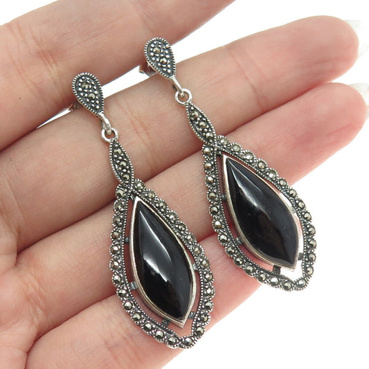 925 Sterling Silver Vintage Black Onyx & Marcasite Gem Art-Deco-Style Earrings