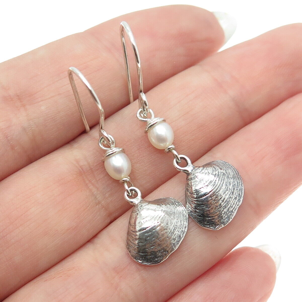 925 Sterling Silver Vintage Real Pearl Seashell Dangle Hook Earrings