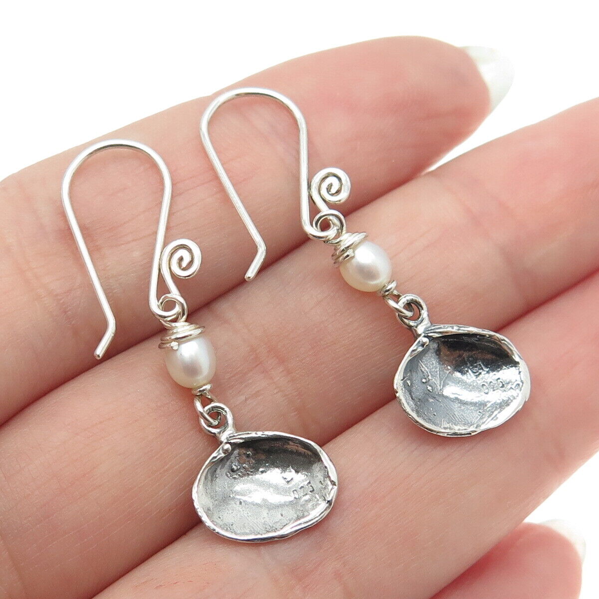 925 Sterling Silver Vintage Real Pearl Seashell Dangle Hook Earrings