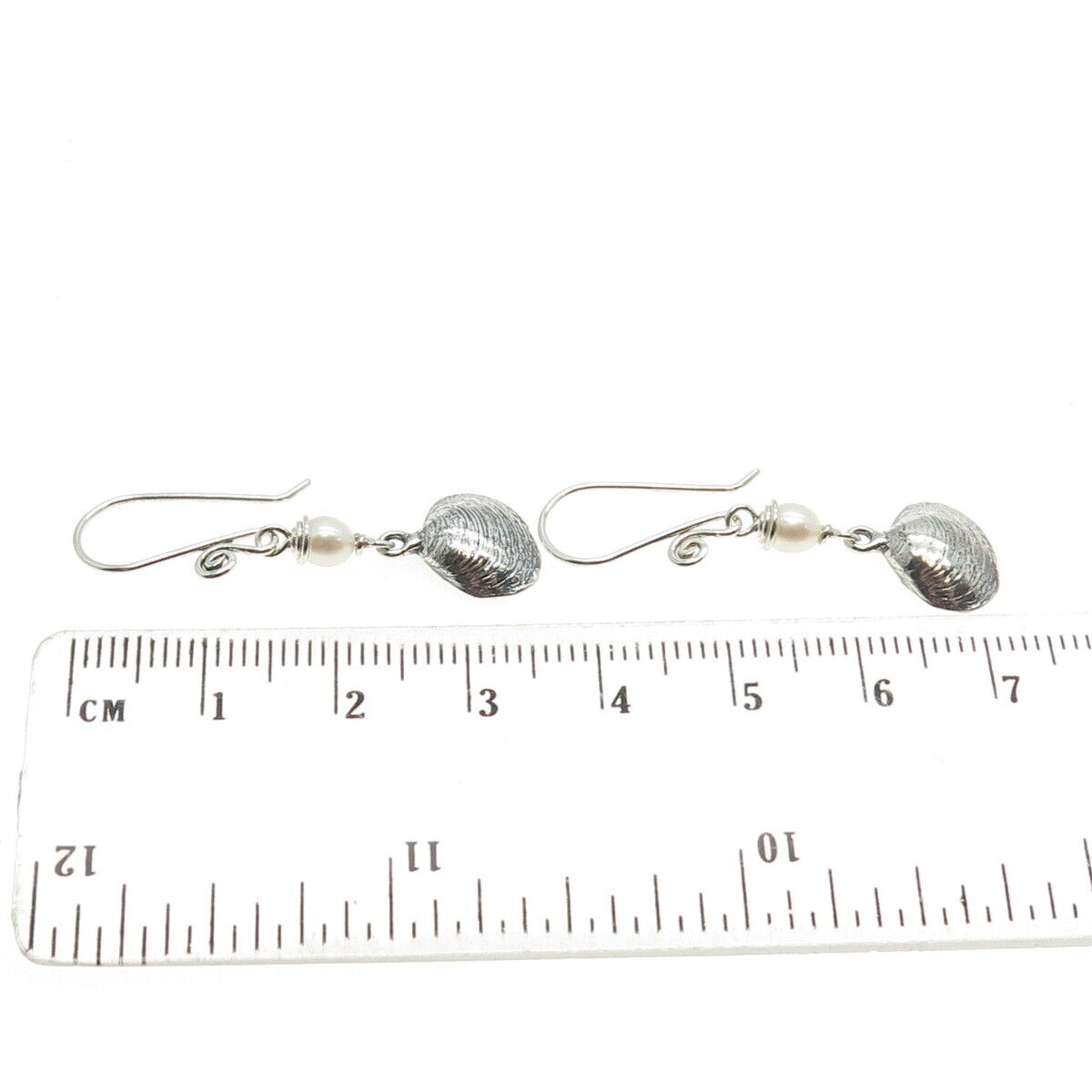 925 Sterling Silver Vintage Real Pearl Seashell Dangle Hook Earrings