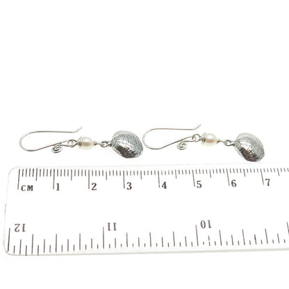 925 Sterling Silver Vintage Real Pearl Seashell Dangle Hook Earrings