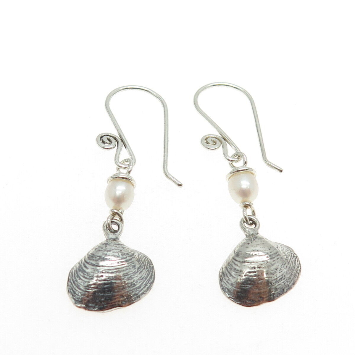 925 Sterling Silver Vintage Real Pearl Seashell Dangle Hook Earrings