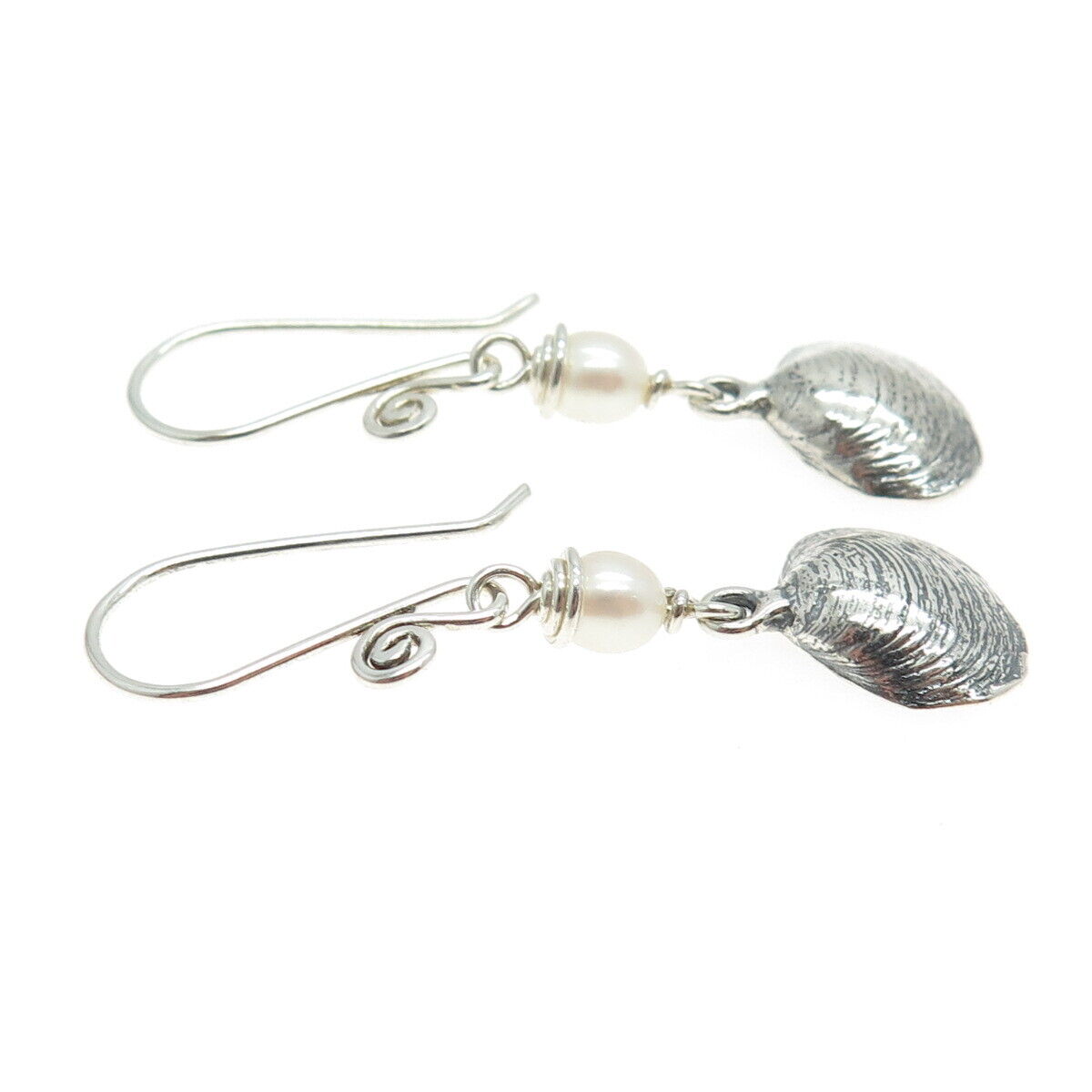 925 Sterling Silver Vintage Real Pearl Seashell Dangle Hook Earrings