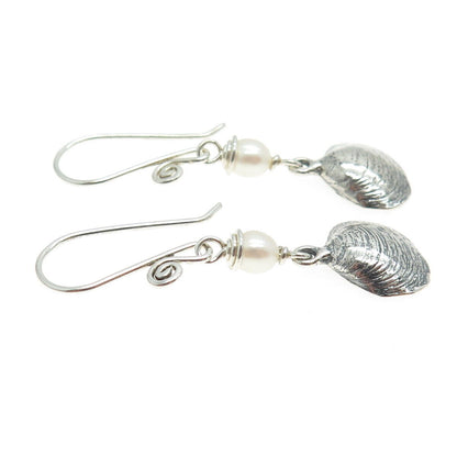 925 Sterling Silver Vintage Real Pearl Seashell Dangle Hook Earrings