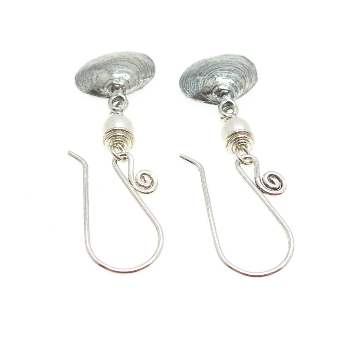 925 Sterling Silver Vintage Real Pearl Seashell Dangle Hook Earrings