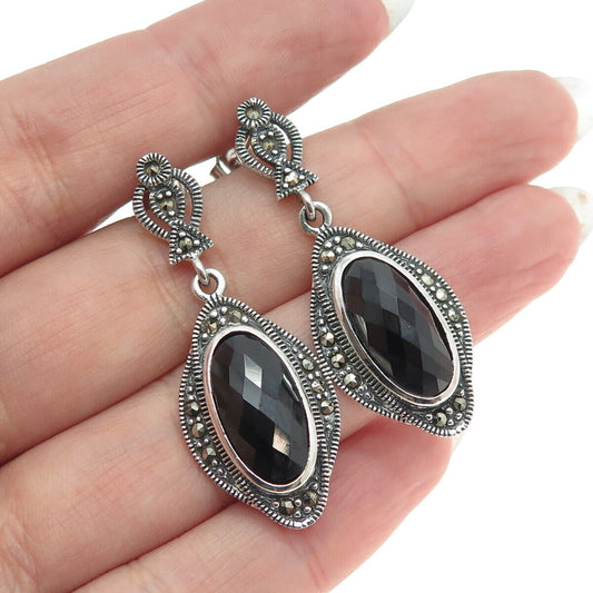 925 Sterling Silver Vintage Real Black Spinel & Marcasite Gem Dangle Earrings