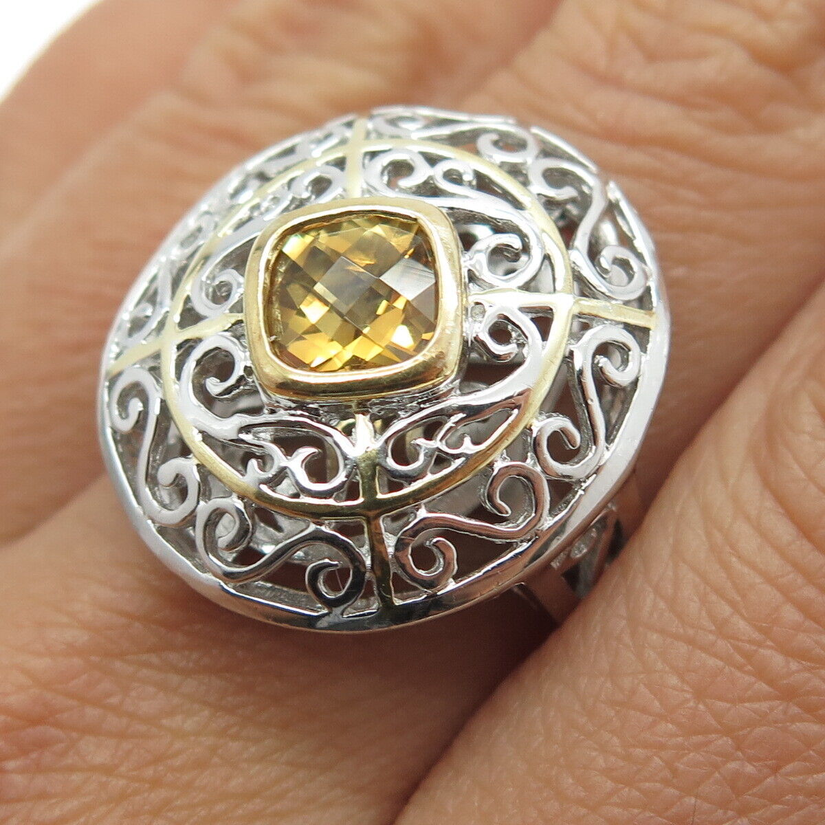 HAROLD TRUJILLO 925 Sterling Silver 2-Tone Citrine Gem Ornate Ring Size 9.25