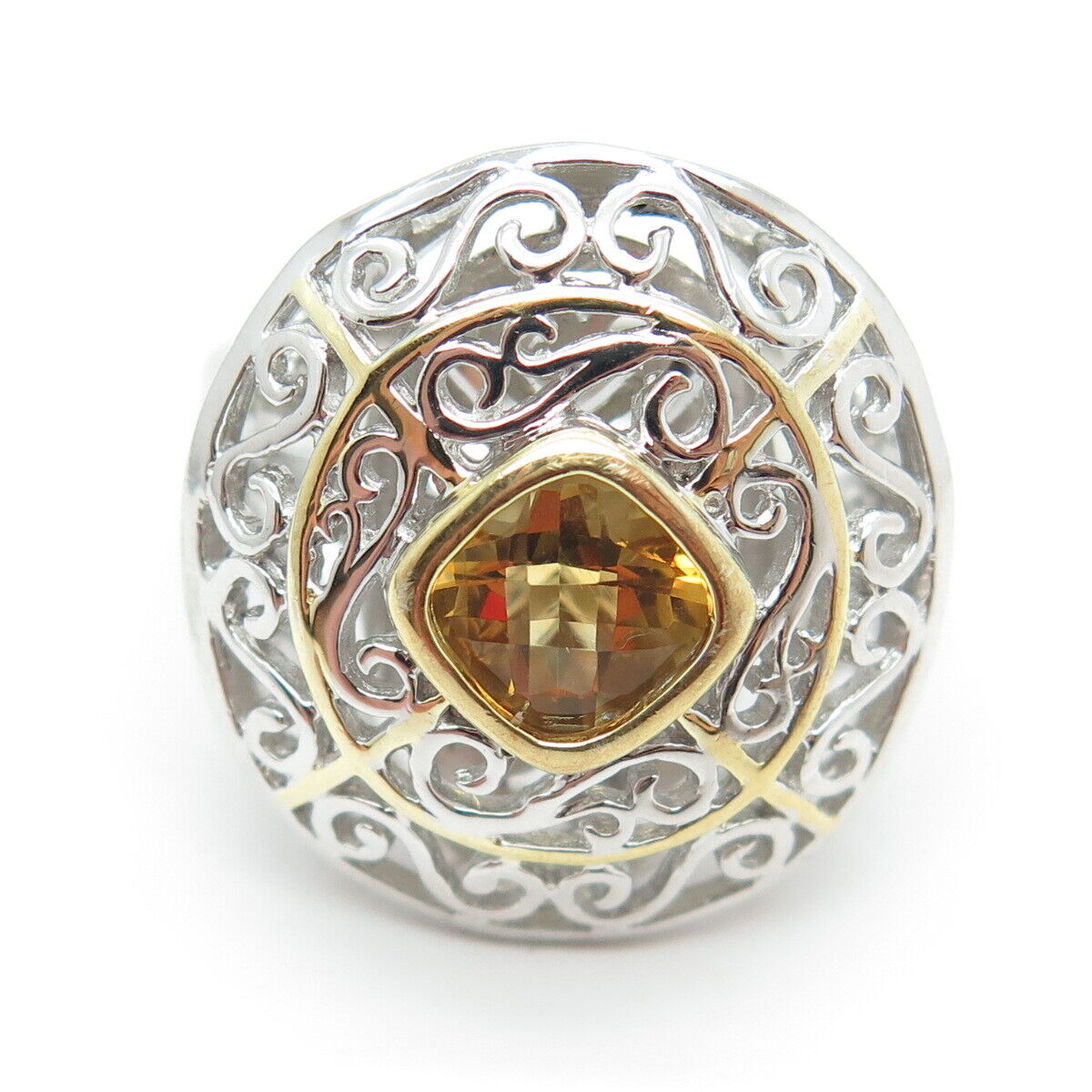 HAROLD TRUJILLO 925 Sterling Silver 2-Tone Citrine Gem Ornate Ring Size 9.25