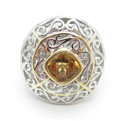 HAROLD TRUJILLO 925 Sterling Silver 2-Tone Citrine Gem Ornate Ring Size 9.25