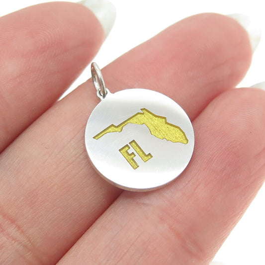 925 Sterling Silver Enamel Florida State Map Round Tag Minimalist Charm Pendant