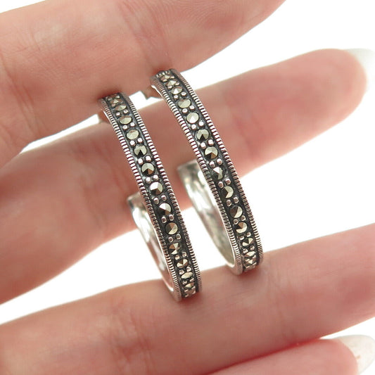 925 Sterling Silver Vintage Real Marcasite Gemstone Half Hoop Earrings