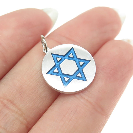 925 Sterling Silver Blue Enamel Star of David Round Tag Minimalist Charm Pendant