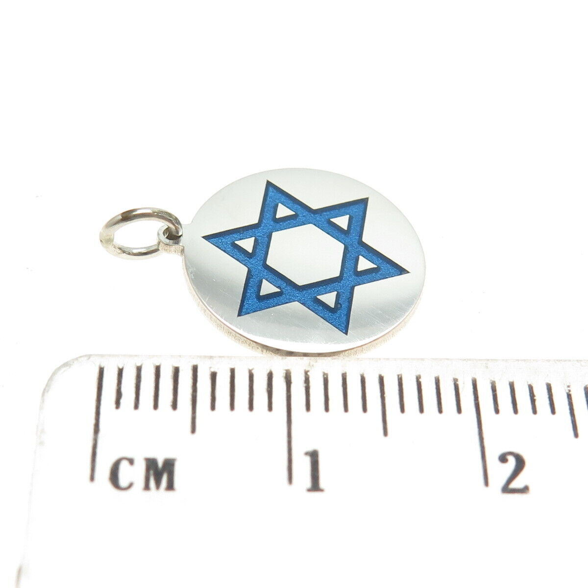 925 Sterling Silver Blue Enamel Star of David Round Tag Minimalist Charm Pendant