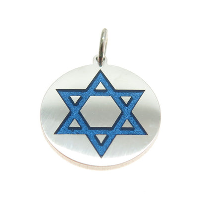 925 Sterling Silver Blue Enamel Star of David Round Tag Minimalist Charm Pendant