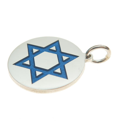 925 Sterling Silver Blue Enamel Star of David Round Tag Minimalist Charm Pendant