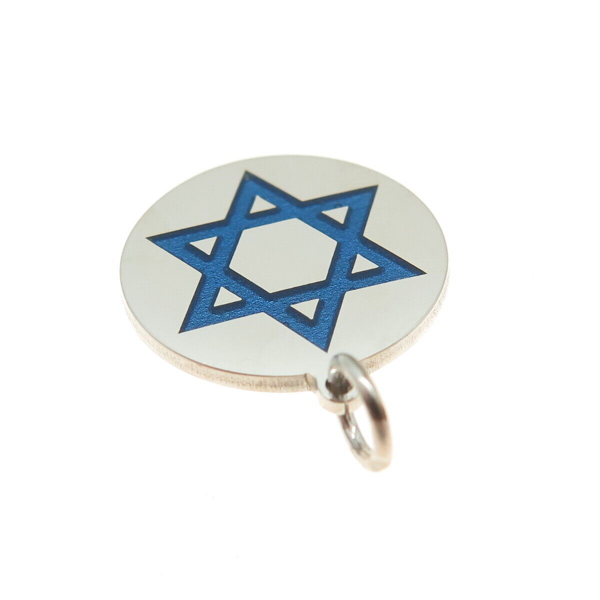 925 Sterling Silver Blue Enamel Star of David Round Tag Minimalist Charm Pendant