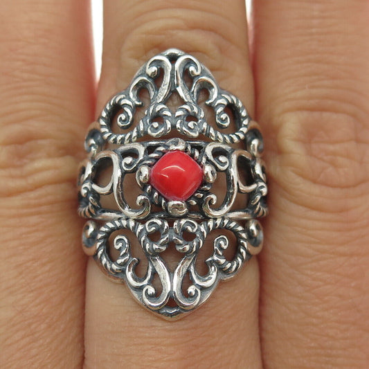 CAROLYN POLLACK 925 Sterling Silver Vintage Coral Twisted Rope Ring Size 7.25